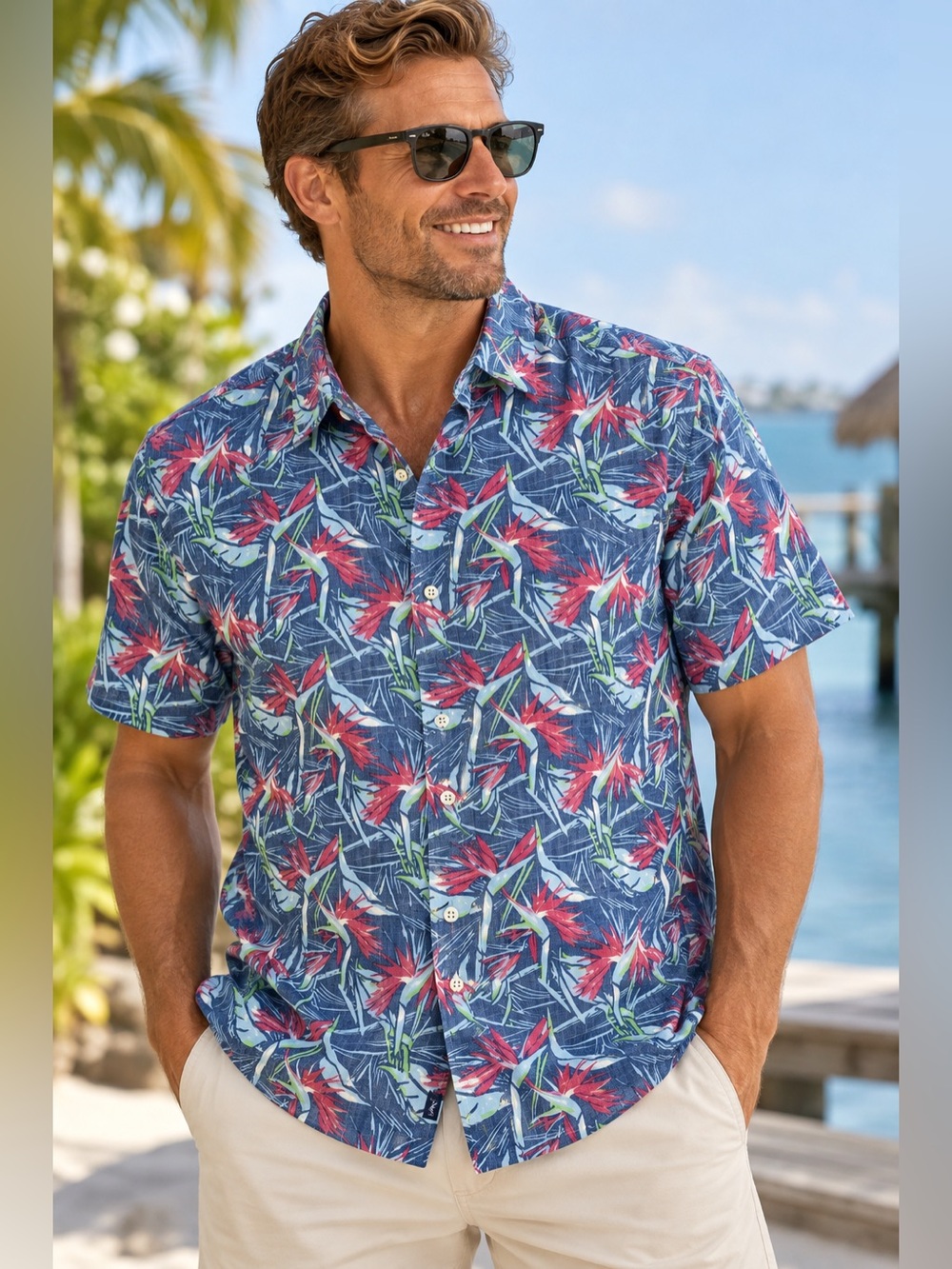 Cremieux Classics Men’s XL Blue Woven Cotton Tropical Floral Short Sleeve Shirt